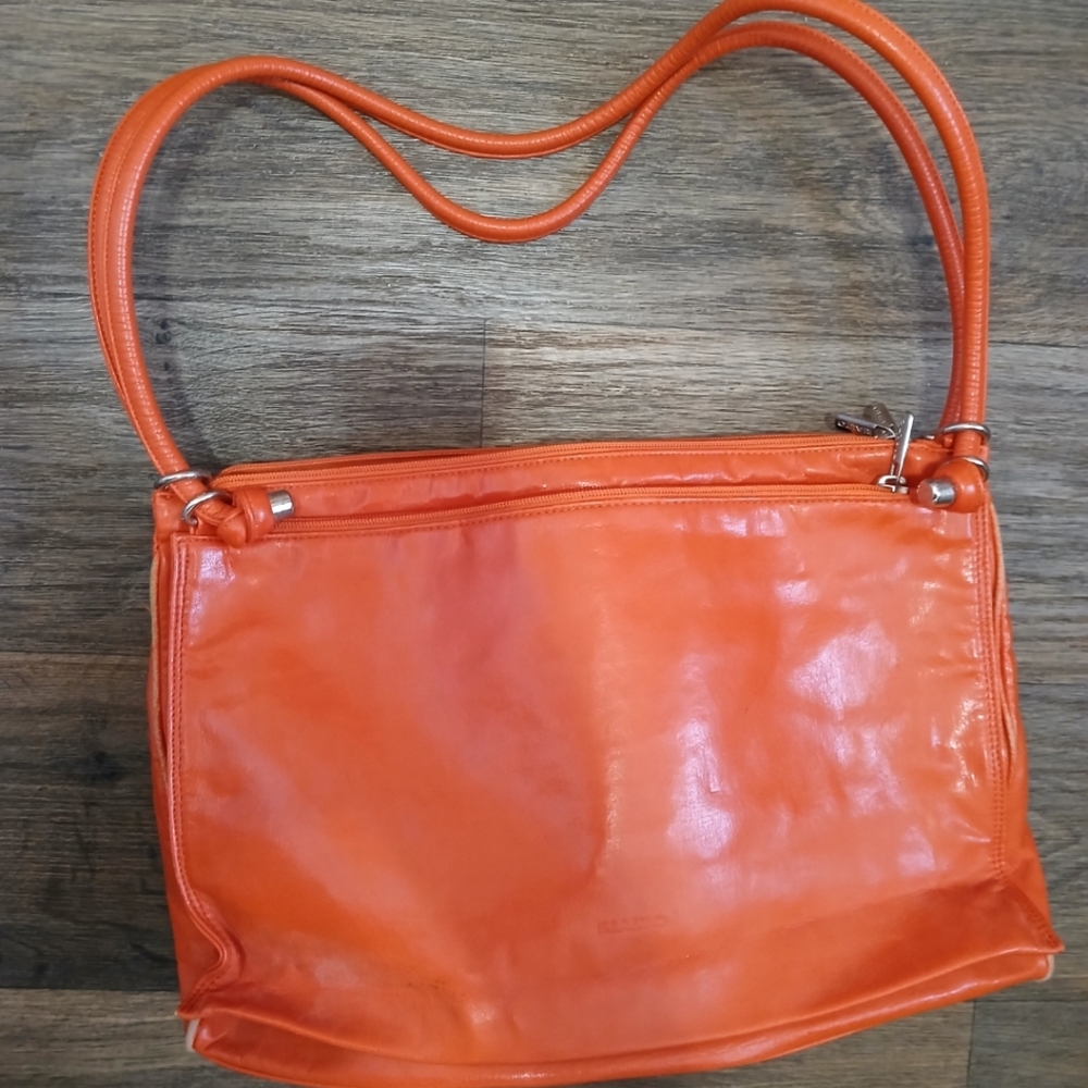 Vintage Rialto Italian Orange Patent Leather Multi Compartment Bag.